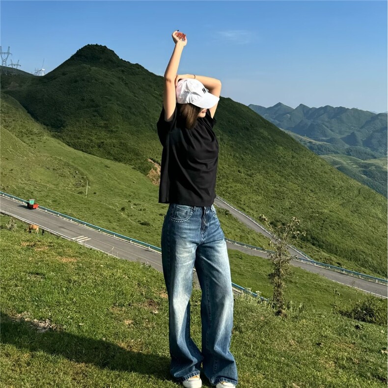 Y9285-P53复古水洗做旧牛仔裤新款港风ins潮高腰阔腿宽松垂感,男装牛仔裤,电商B323A