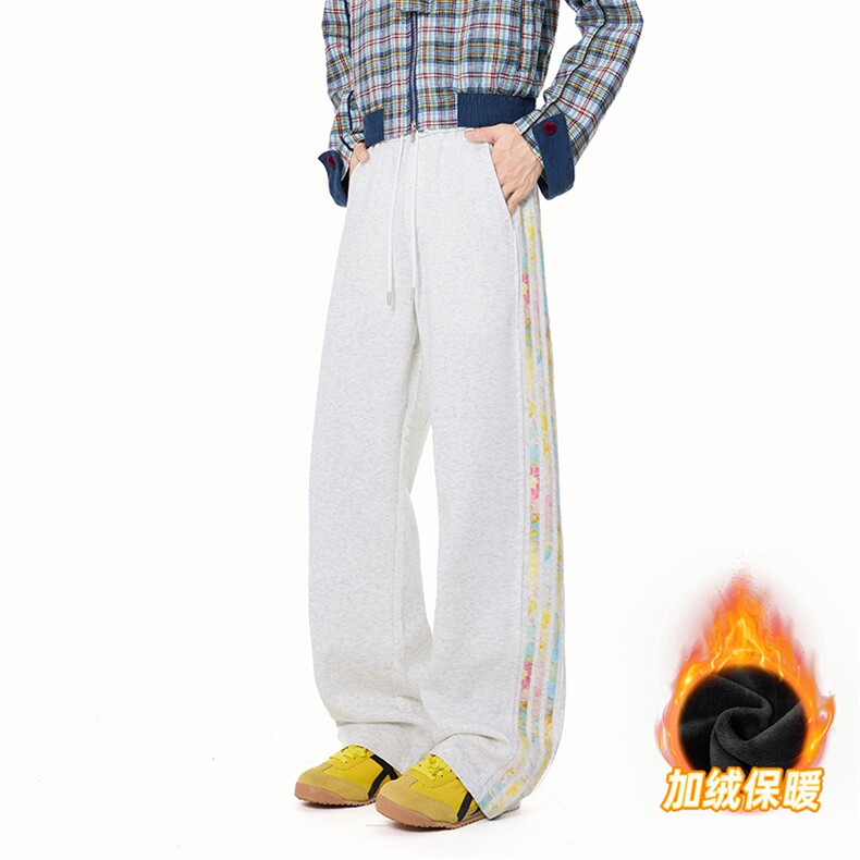 XK60019JR-P42加绒秋冬侧缝拼片三条杆卫裤直筒宽松休闲长裤,男装休闲裤,电商A178
