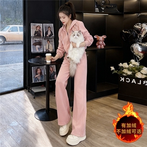 欧货时尚洋气运动套装女秋冬新款连帽拉链开衫外套阔腿卫裤两件套图片