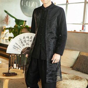2021春秋季新款男装中国风欧根纱提花棉麻风衣中长款外套 F10-P80特图片