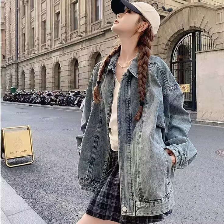 2025牛仔外套男女春季2025宽松美式高街复古翻领夹克拉链上衣潮流,女装短外套,星座506A