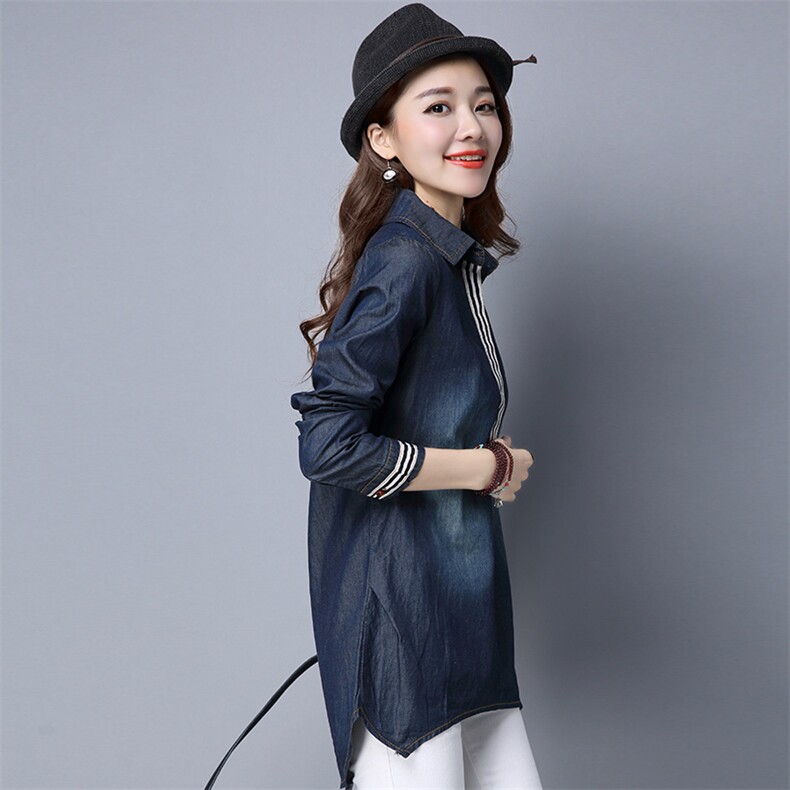 甜美中长款修身长袖2024年秋季套头牛子休闲衬衫,女装衬衫,风姿绰