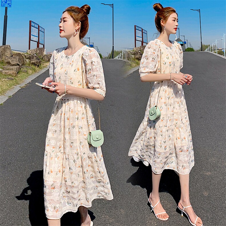 SD同款连衣裙女米色法式雏菊刺绣泡泡袖镂空度假风2025早春中长裙,女装连衣裙,天丽