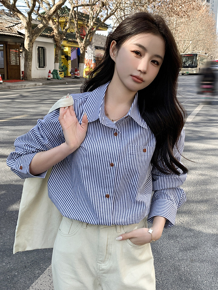 蓝色韩系气质通勤条纹衬衫女2025年秋季新款高级感休闲时尚衬衣潮,女装衬衫,鑫慧