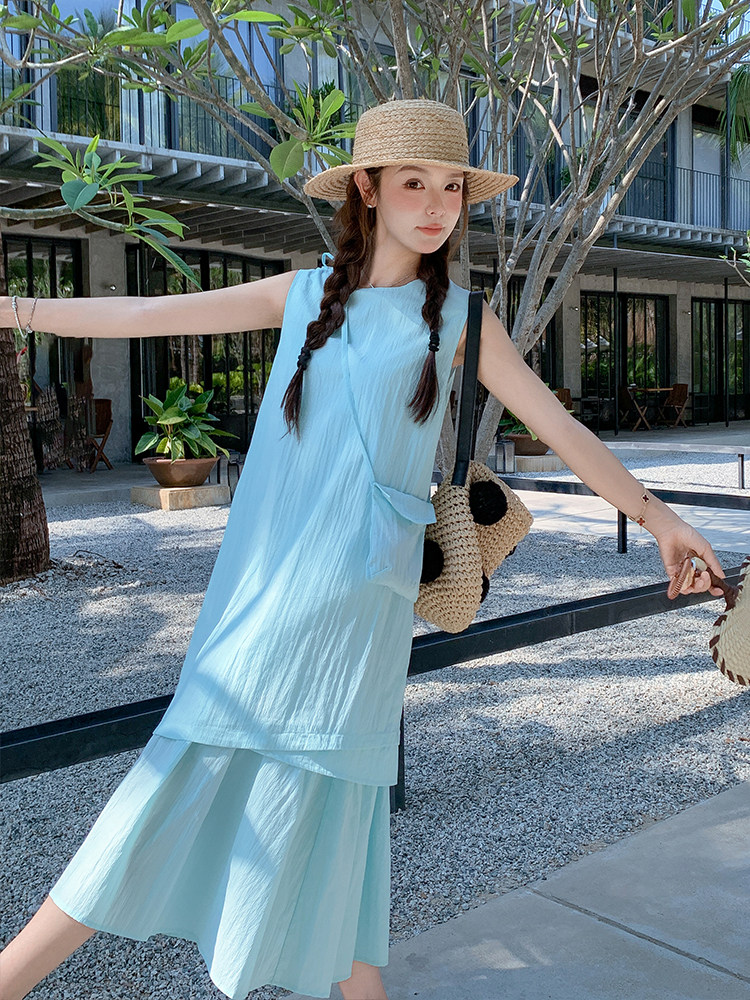 蓝色无袖假两件连衣裙女2025夏季新款韩系宽松休闲显瘦减龄背心裙,女装连衣裙,浙宝305