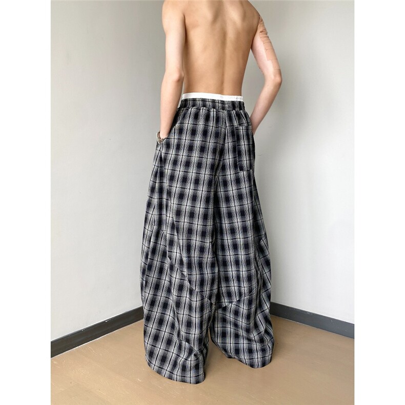 B1M4美式复古双腰头抽绳拼接格子裤男女中性风宽松阔腿舞蹈休闲裤,女装休闲裤,星座1210-1