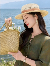 时尚苎麻印花拼接阔腿裤扎染宽松上衣复古风套装女，女装套装/套裙，水衣源