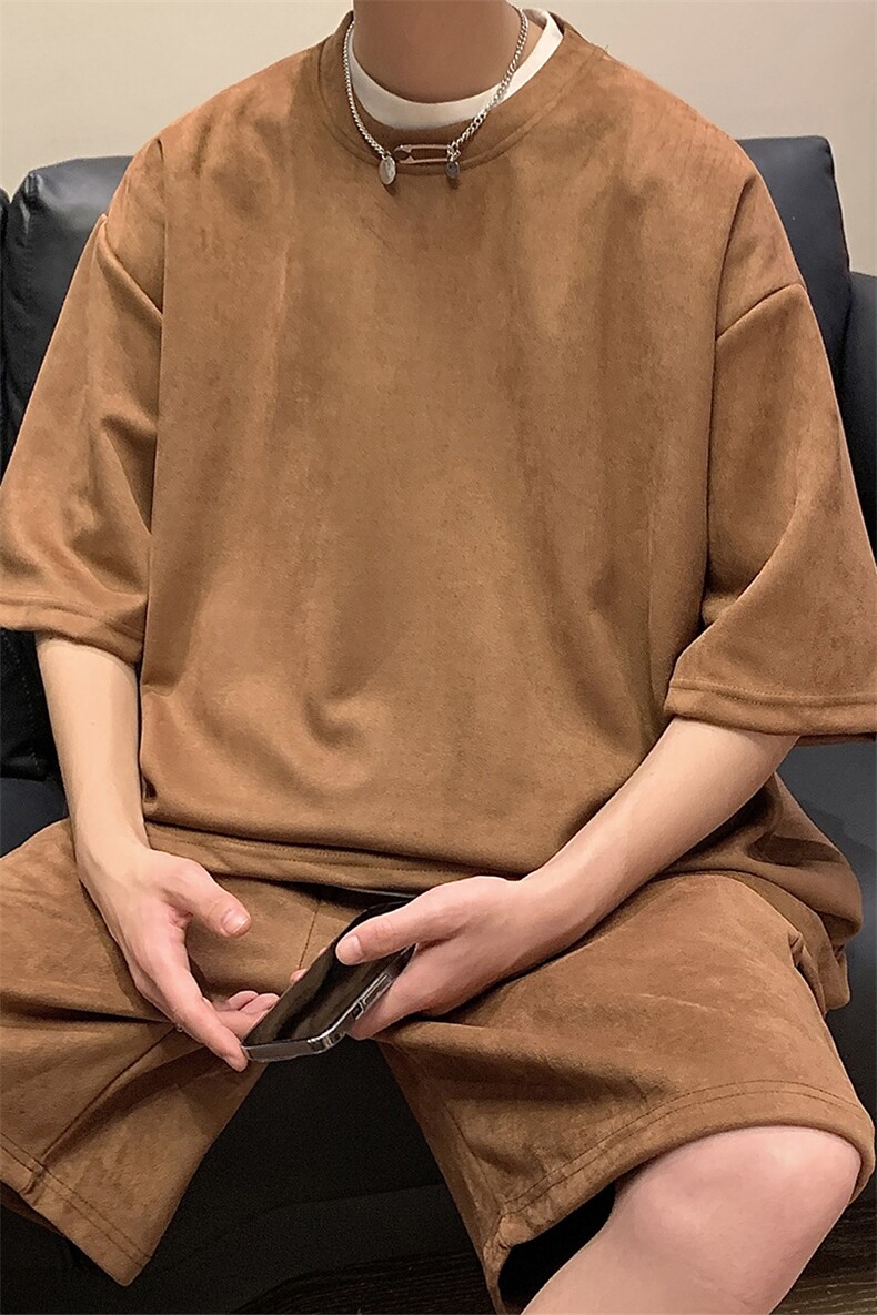 1港风模麂皮绒短袖T恤男DT8766P23短裤男DK8767P32套装TZ8757P55,男装休闲套装,星座226-2