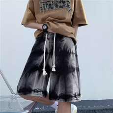 vibe高街复古做旧蓝五分中裤男女夏季设计感小众宽松阔腿牛仔短裤，男装牛仔裤，星座1210-1