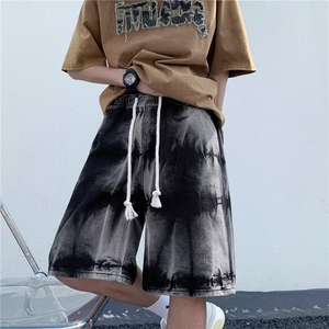 vibe高街复古做旧蓝五分中裤男女夏季设计感小众宽松阔腿牛仔短裤图片