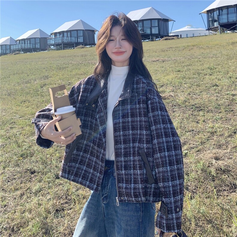美式复古格纹毛呢外套女2025年秋冬超火好看高级小众加厚夹克上衣,女装短外套,2B237