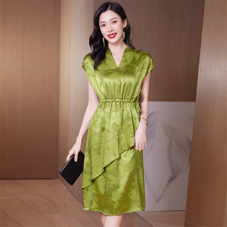 桑蚕丝春季新款优雅真丝短袖连衣裙修身显瘦红色印花裙,女装连衣裙,阿舍尔精品