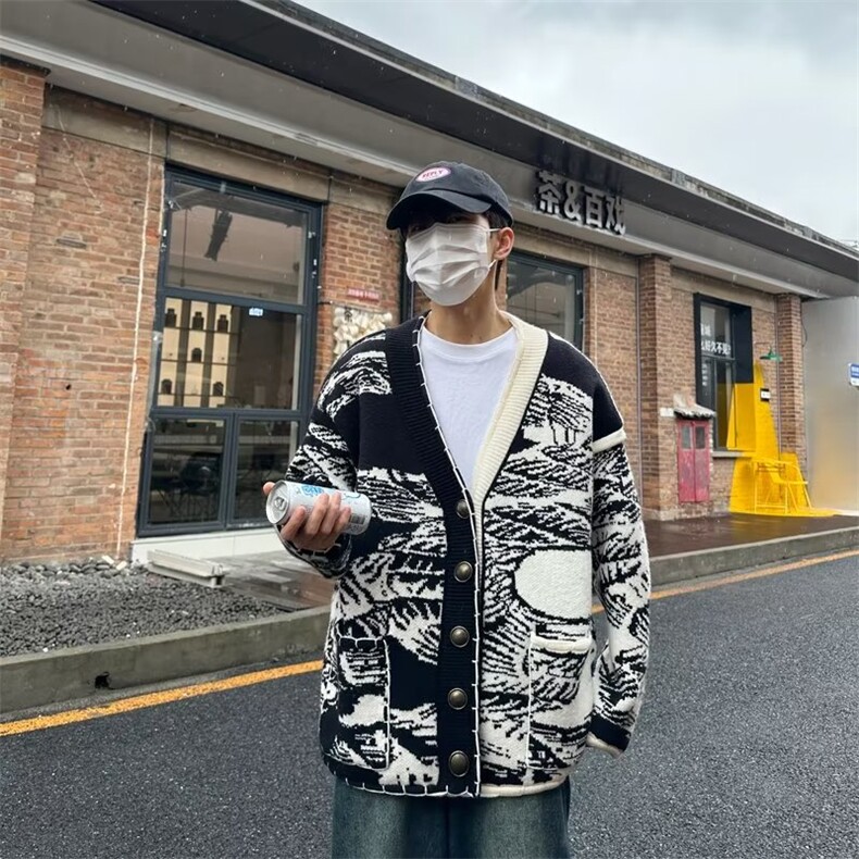 毛衣外套男秋冬潮流宽松条纹线衣ins港风复古翻领针织衫男上衣图片