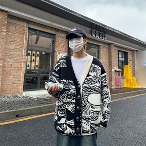 毛衣外套男秋冬潮流宽松条纹线衣ins港风复古翻领针织衫男上衣图片