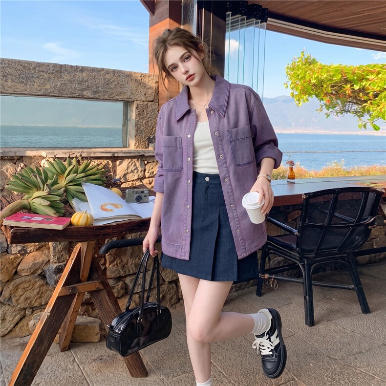 2026初秋氛围感香芋紫牛仔外套女宽松显瘦中长款叠穿百搭长袖衬衫,女装衬衫,艾米莉亚