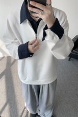 新款假两件条纹拉链衬衫领休闲春款卫衣高街休闲学院卫衣特P50，男装卫衣，电商B319