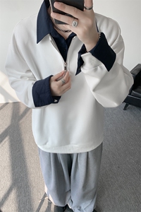 新款假两件条纹拉链衬衫领休闲春款卫衣 高街休闲学院卫衣 特P50图片