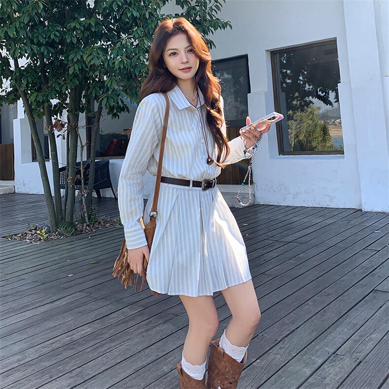 秋季少女风长袖套纹A字裙百褶连衣裙小众裙子显瘦气质长袖时尚,女装连衣裙,浙宝305