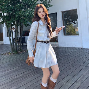 秋季少女风长袖套纹A字裙百褶连衣裙小众裙子显瘦气质长袖时尚图片