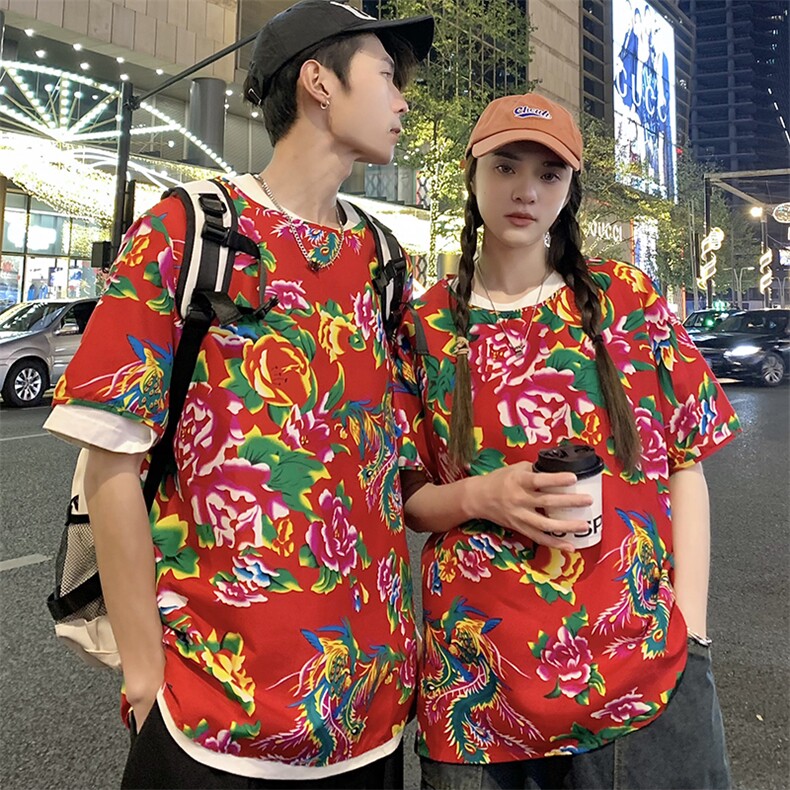 HT203夏情侣东北大花民族风牡丹花圆领短袖T恤青少年大码男女潮，男装T恤，星座115A(原星座507）