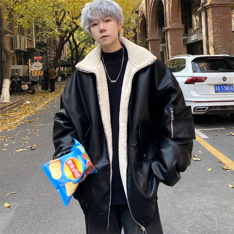 羊羔绒PU皮棉衣男士棉服冬季御寒保暖棉袄外套M5081 P135 控178图片