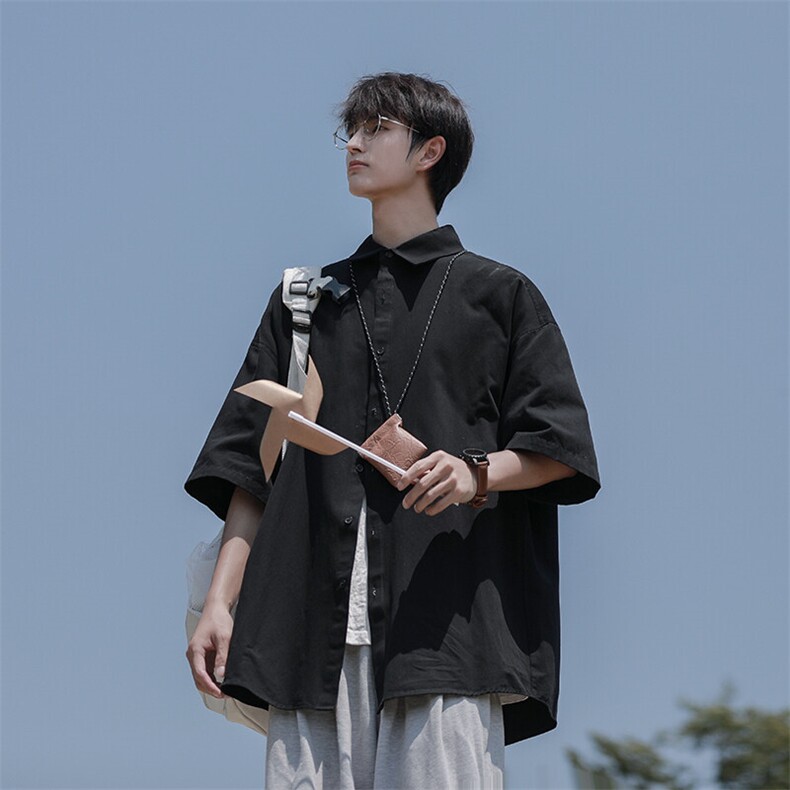 2025山系相机片 夏季宽松纯色短袖衬衫男生衬衣 S25 P35控58图片