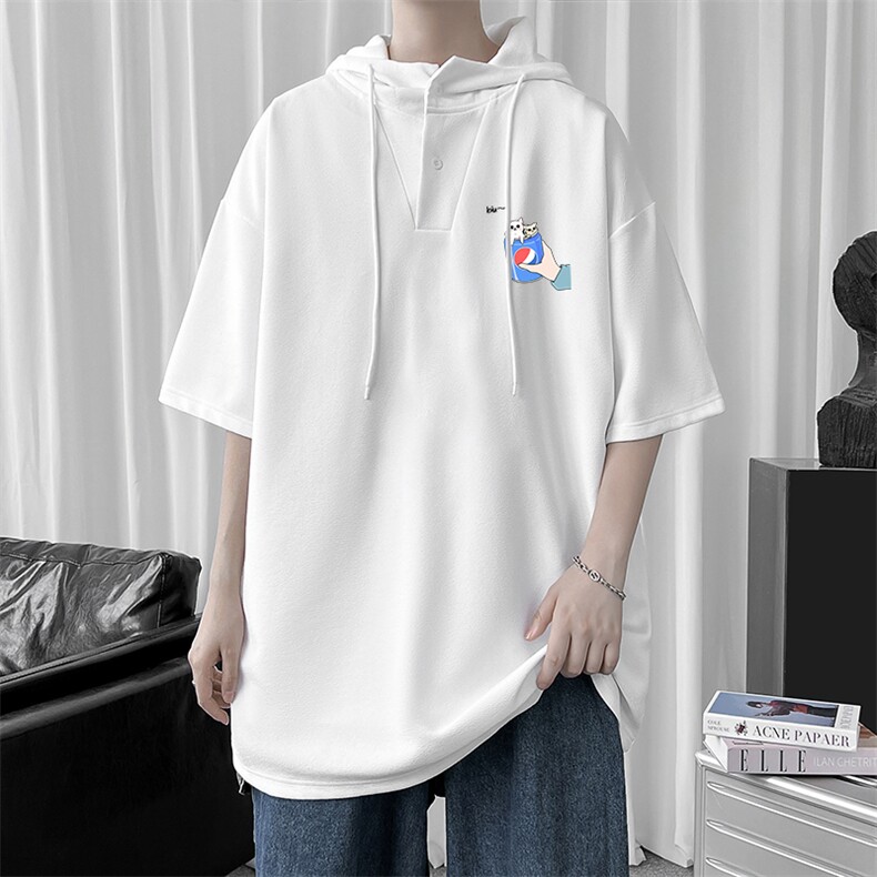 LD54262-P45 连帽短袖t恤男大码胖子带帽五分袖中袖图片