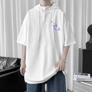 LD54262-P45 连帽短袖t恤男大码胖子带帽五分袖中袖图片