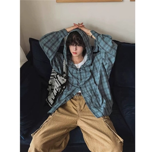 长袖连帽格子衬衫男女款春复古格纹休闲慵懒情侣衬衣特价35图片