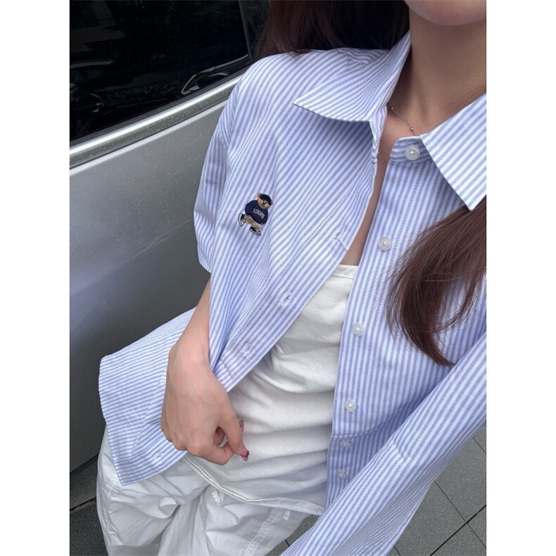 TC505-P38推荐#原版工艺刺绣小熊条纹衬衫短袖,女装衬衫,星座617A-2