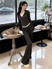 小众设计女春新款时尚洋气撞色拼接假两件连帽上衣高腰阔腿裤套装，女装套装/套裙，江南