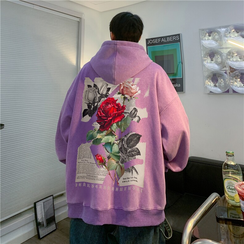 抖音品质美式复古玫瑰印花潮流宽松连帽卫衣JK23393特批53-控88,男装卫衣,星座605(原A050)