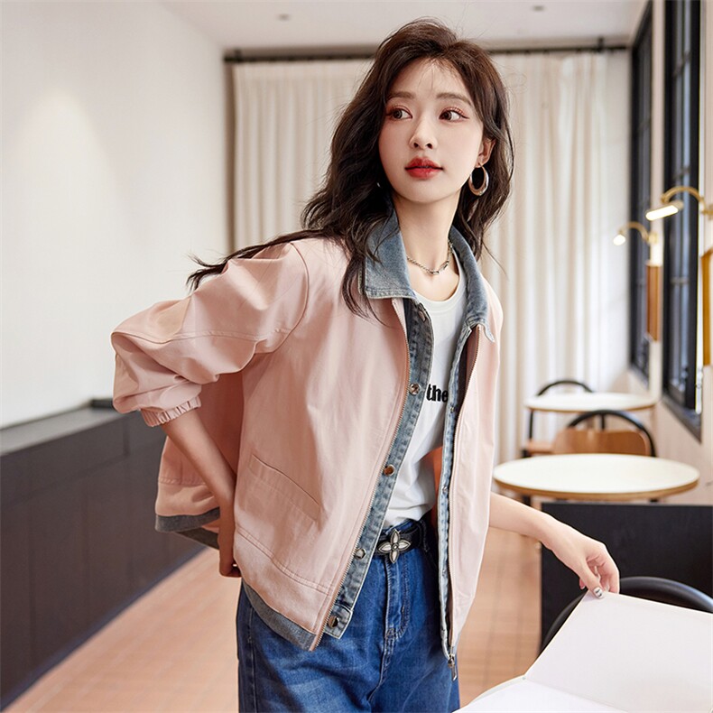 牛仔拼接假两件粉色外套女早春季2024新款今年流行设计感夹克上衣,女装短外套,韩蜜菓