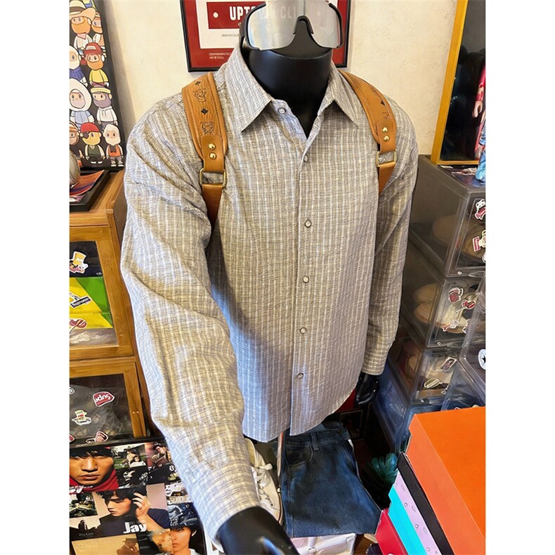 美式潮牌高街复古细格子日系肌理感长袖衬衫外套男女休闲宽松衬衣，男装衬衫，电商A443