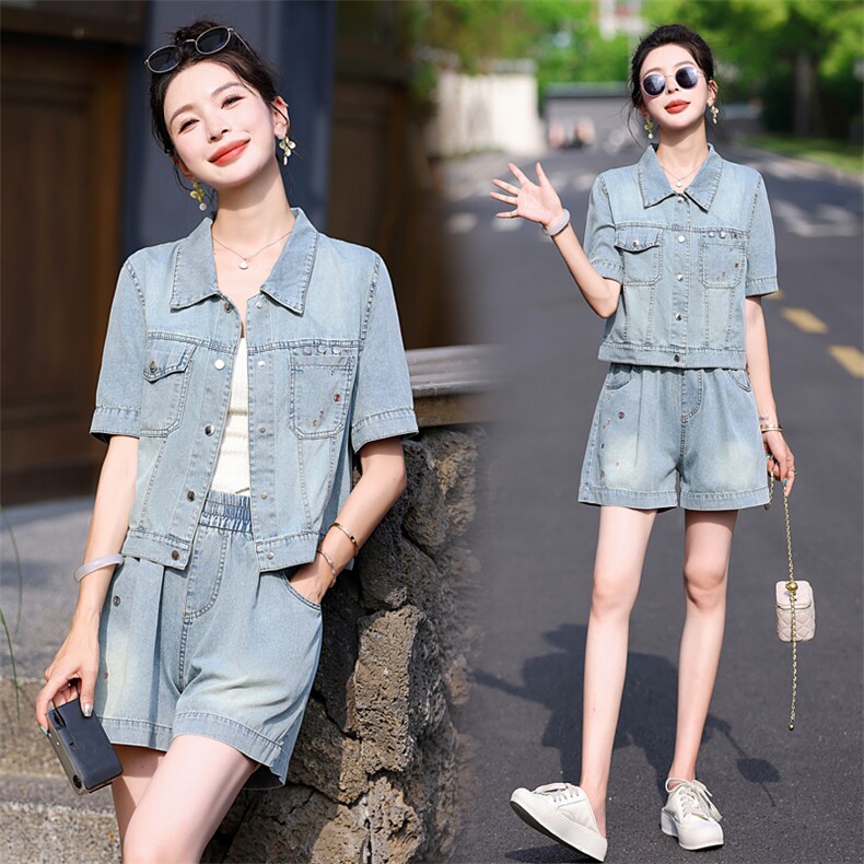 时尚牛仔阔腿短裤套装女夏2025新款洋气减龄复古牛仔小个子两件套,女装套装/套裙,意芙