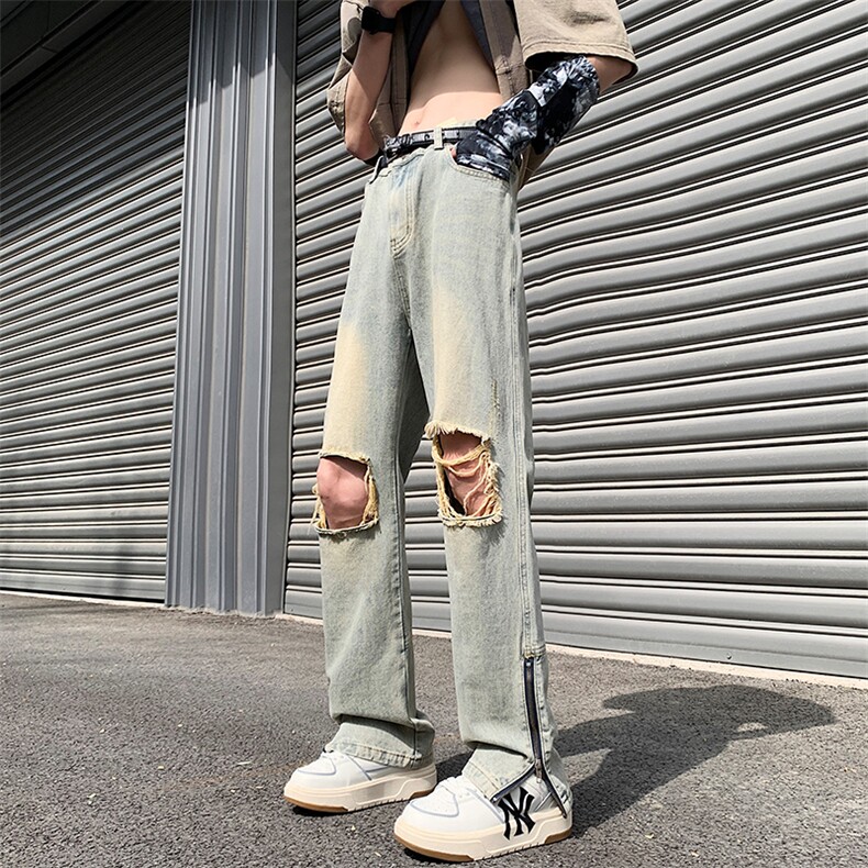 2023夏季新款百搭破洞牛仔裤裤脚拉链微喇裤313A-1-NZ038-P65控78，男装牛仔裤，星座808A-1