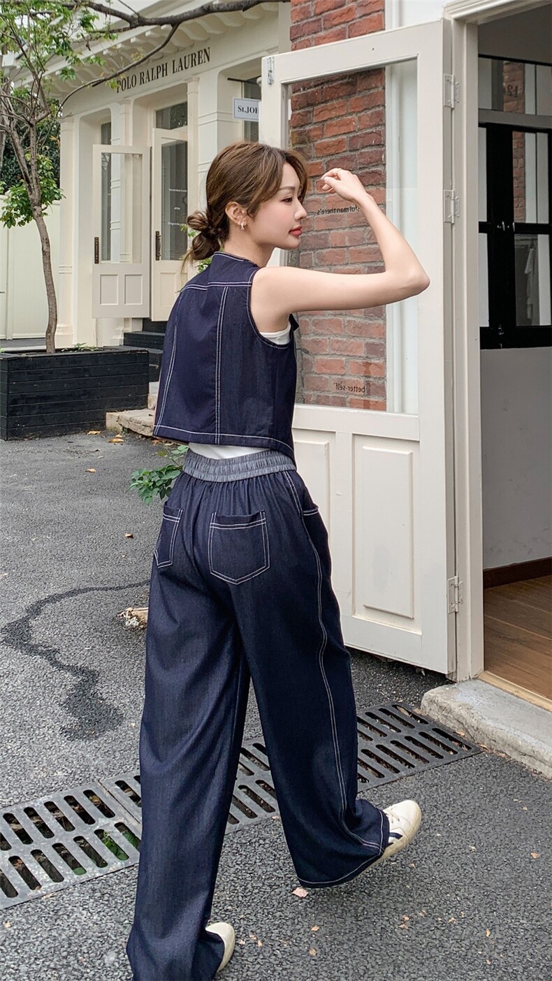 2C051-宽松时尚马甲显瘦牛仔色天丝两件套-S217-P165-K238,女装套装/套裙,2C051