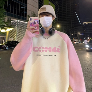港风 夜景个性字母印花拼接插肩袖圆领毛衣 M81005 特批55控88图片
