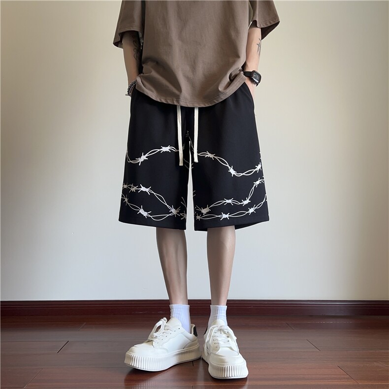 港风夏季新款潮流荆棘印花宽松休闲短裤B315-K24115-特p30控58,男装牛仔裤,电商B315
