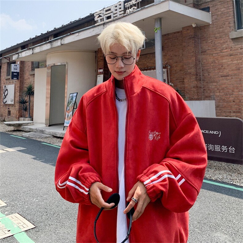 特70控128鹿皮绒夹克男拼色三条干高街韩版潮新款ins外套XJ413,男装夹克,电商B370