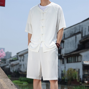 2025夏季风男装套装针织竖纹理唐装套装短袖+短裤 A101-P75图片