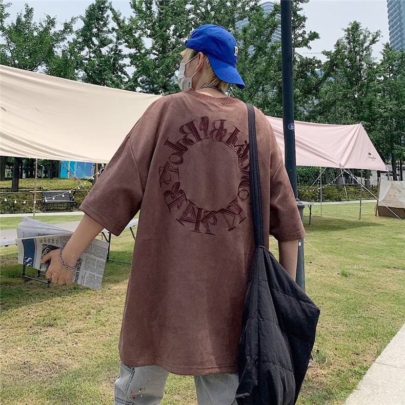 夏季潮牌男士t恤刺绣麂皮绒短袖GT18P30图片