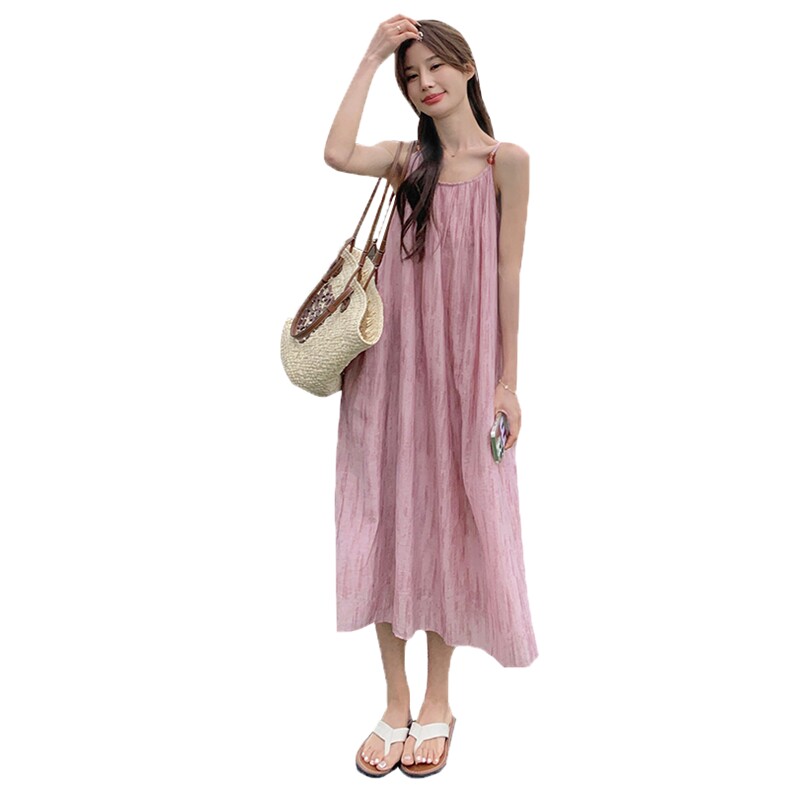 现货夏季度假风晕染粉色吊带裙宽松版P95K149,女装连衣裙,2C233