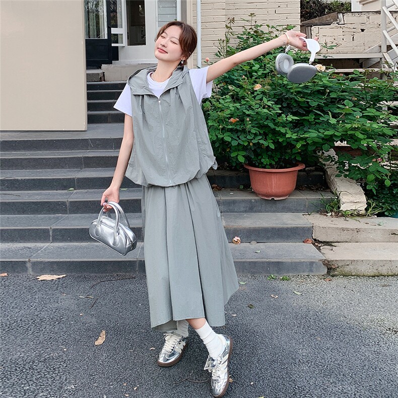 韩版休闲三件套装女夏季2025新款时尚连帽马甲不规则半身裙套装裙,女装套装/套裙,辉之琳