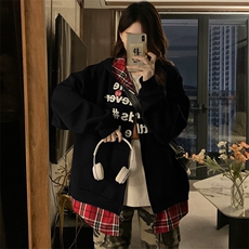 A409-P92假两件拼接格子连帽卫衣外套秋宽松休闲情侣开衫，女装短外套，星座911