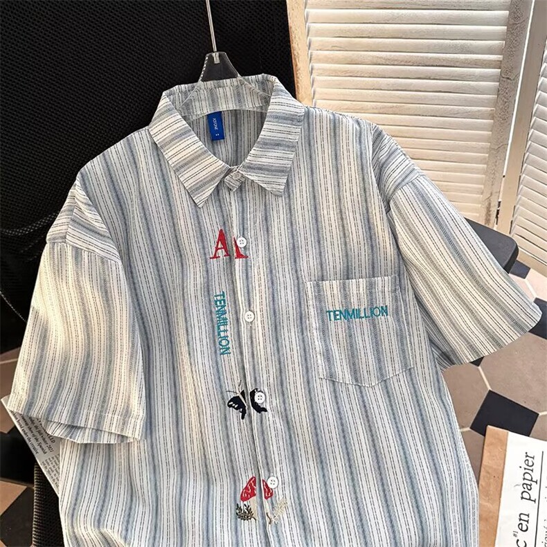 美式复古刺绣条纹短袖衬衫男女潮流个性宽松休闲百搭情侣衬衣外套,男装T恤,星座410-6（原星座1304-1）