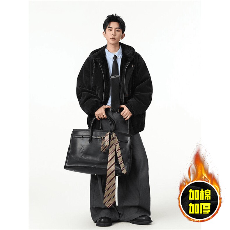现货高品质美式高街重磅座山雕连帽pu皮棉衣男女加厚毛毛绒冬外套，男装皮衣，电商A486-1