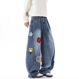 卡通刺绣阔腿牛仔裤春秋2025年新款高腰显瘦设计感遮跨直筒裤子图片
