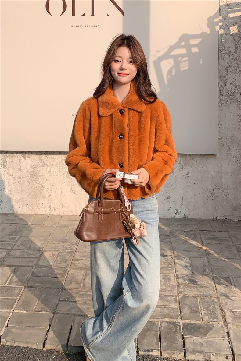 南瓜色秋冬皮毛一体外套女仿水貂绒休闲上衣2C353--719#P190K288,女装短外套,2C353