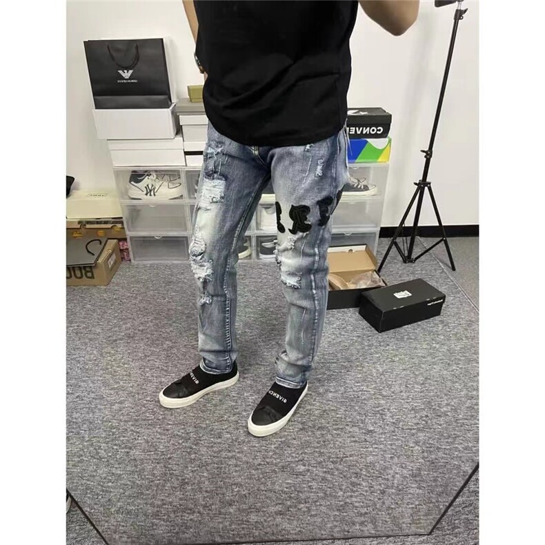 网红水洗做旧破洞牛仔裤字母刺绣高街休闲百搭修身男ZGT77P41,男装牛仔裤,星座1112-1
